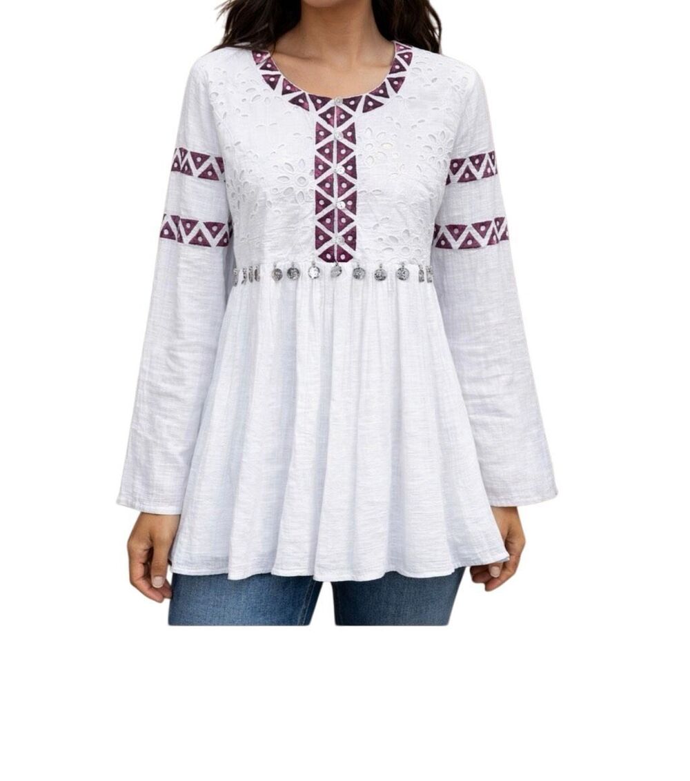 Pyramid Collection Embroidered Eyelet Gauze Tunic White Boho Peasant Top Large N
